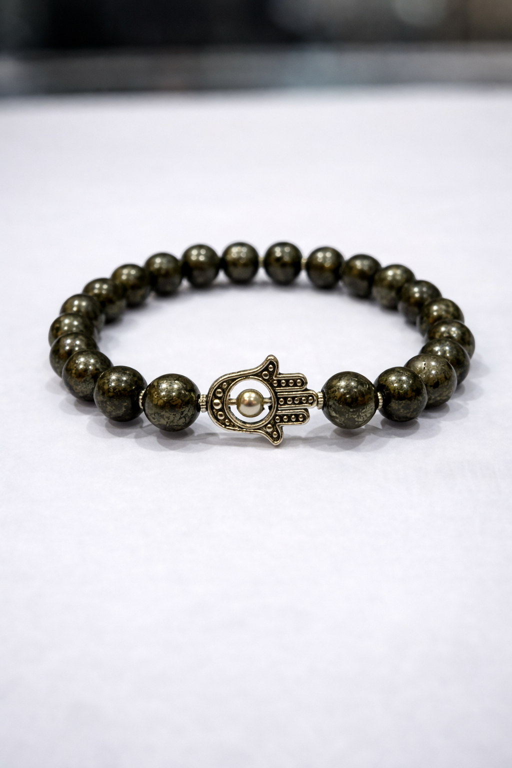 Pyrite Bead Bracelet with Hamsa Hand Charm