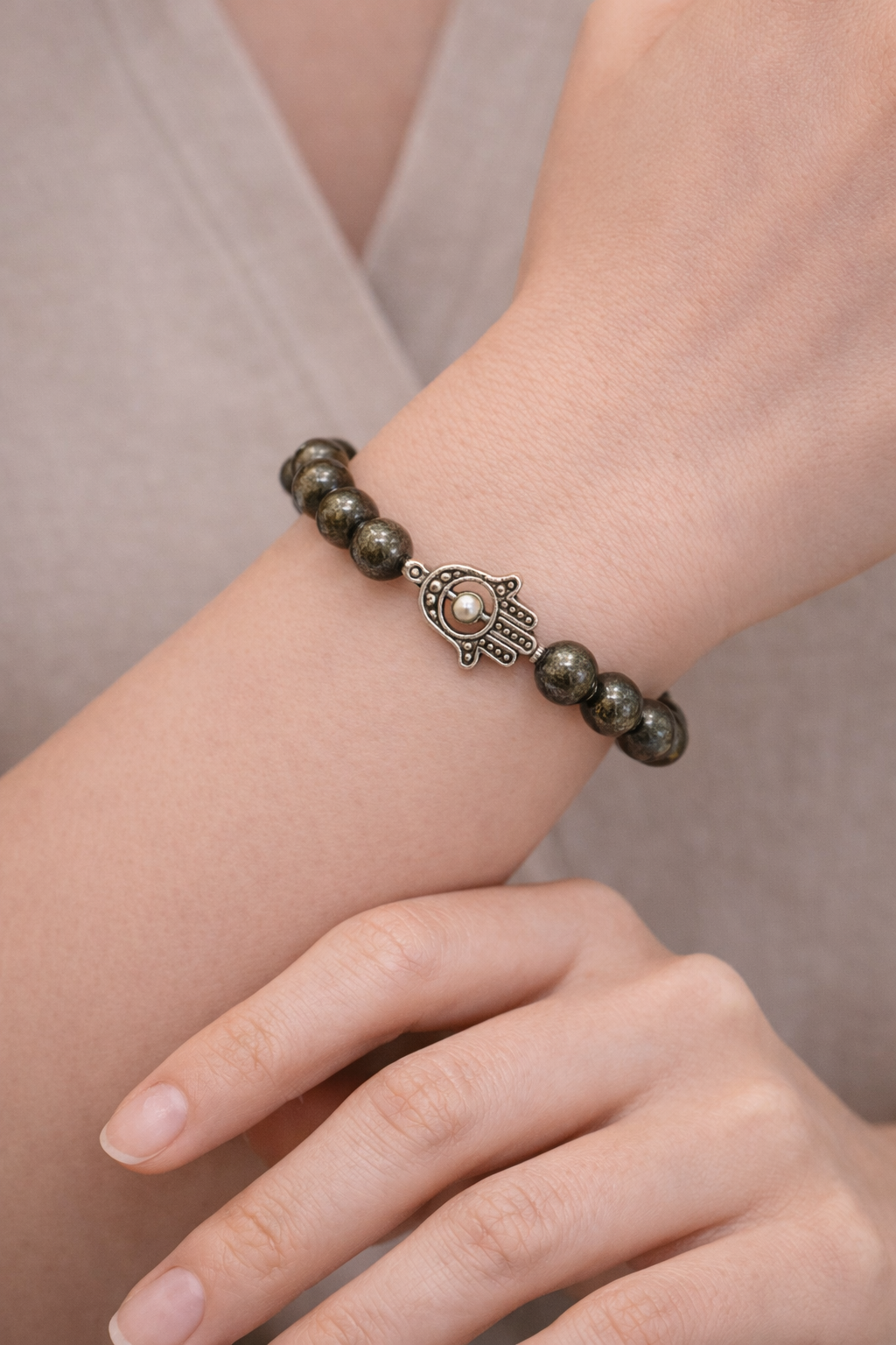 Pyrite Bead Bracelet with Hamsa Hand Charm