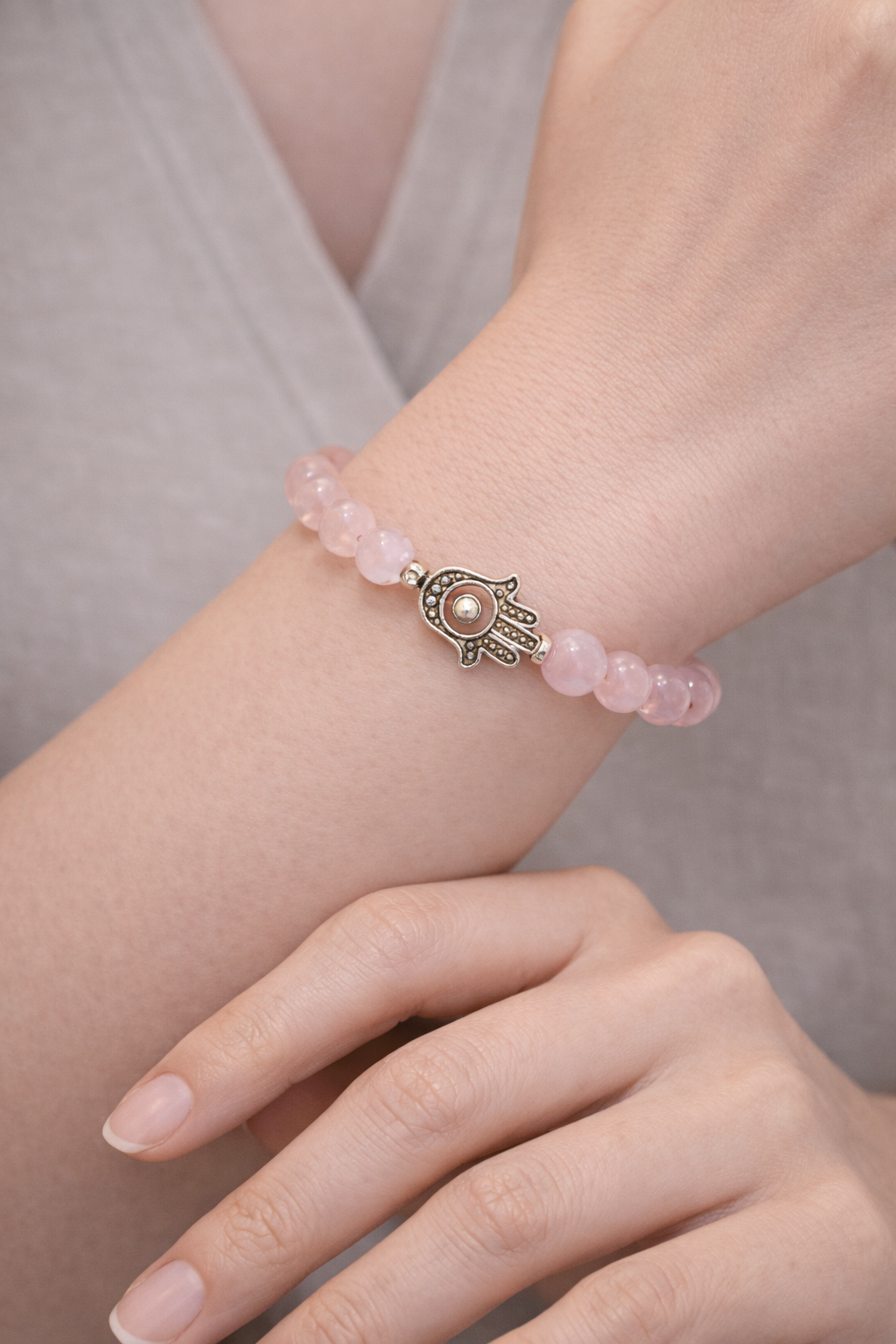 Rose Quartz Bead Bracelet with Hamsa Hand Charm Secondary image