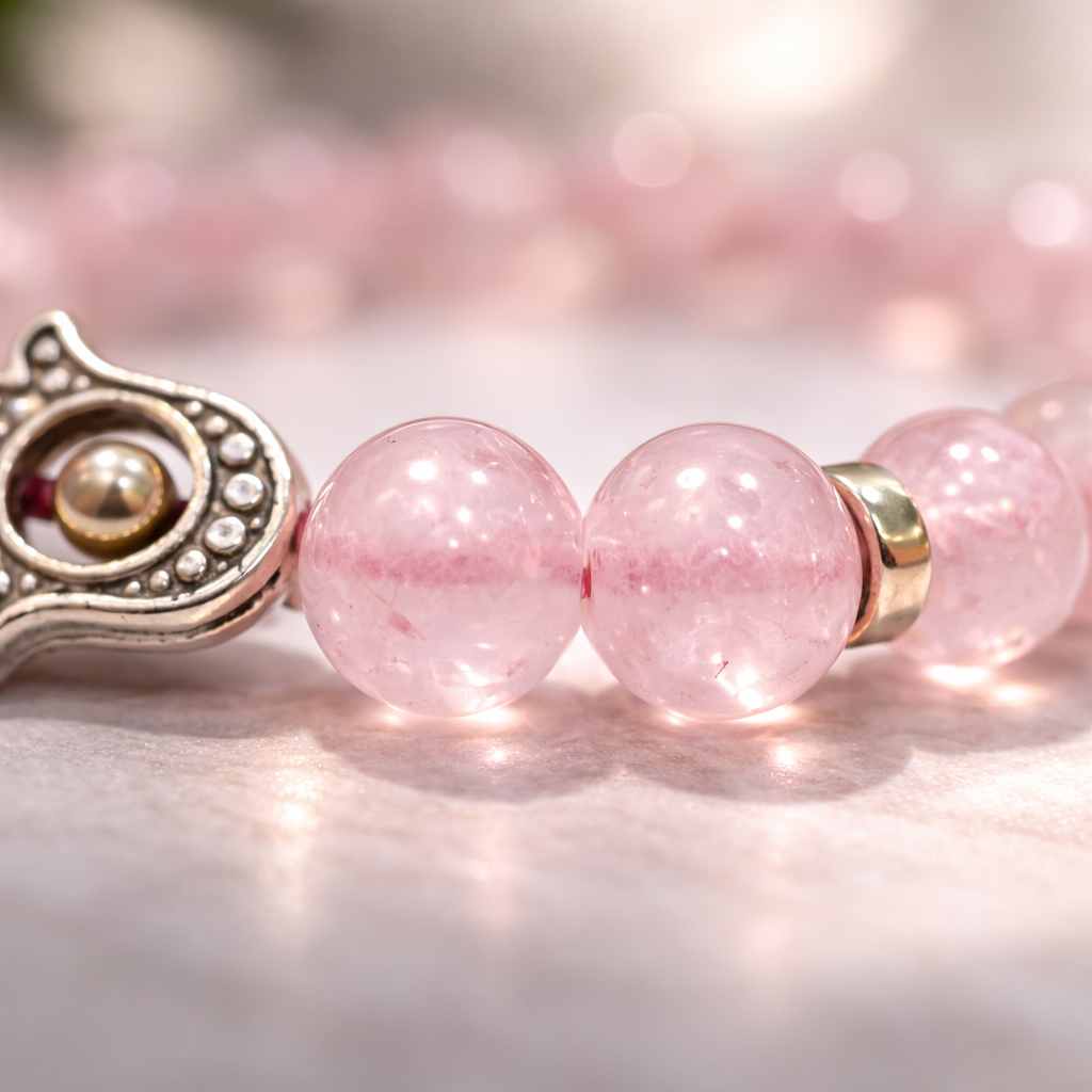 Rose Quartz Bead Bracelet with Hamsa Hand Charm - .