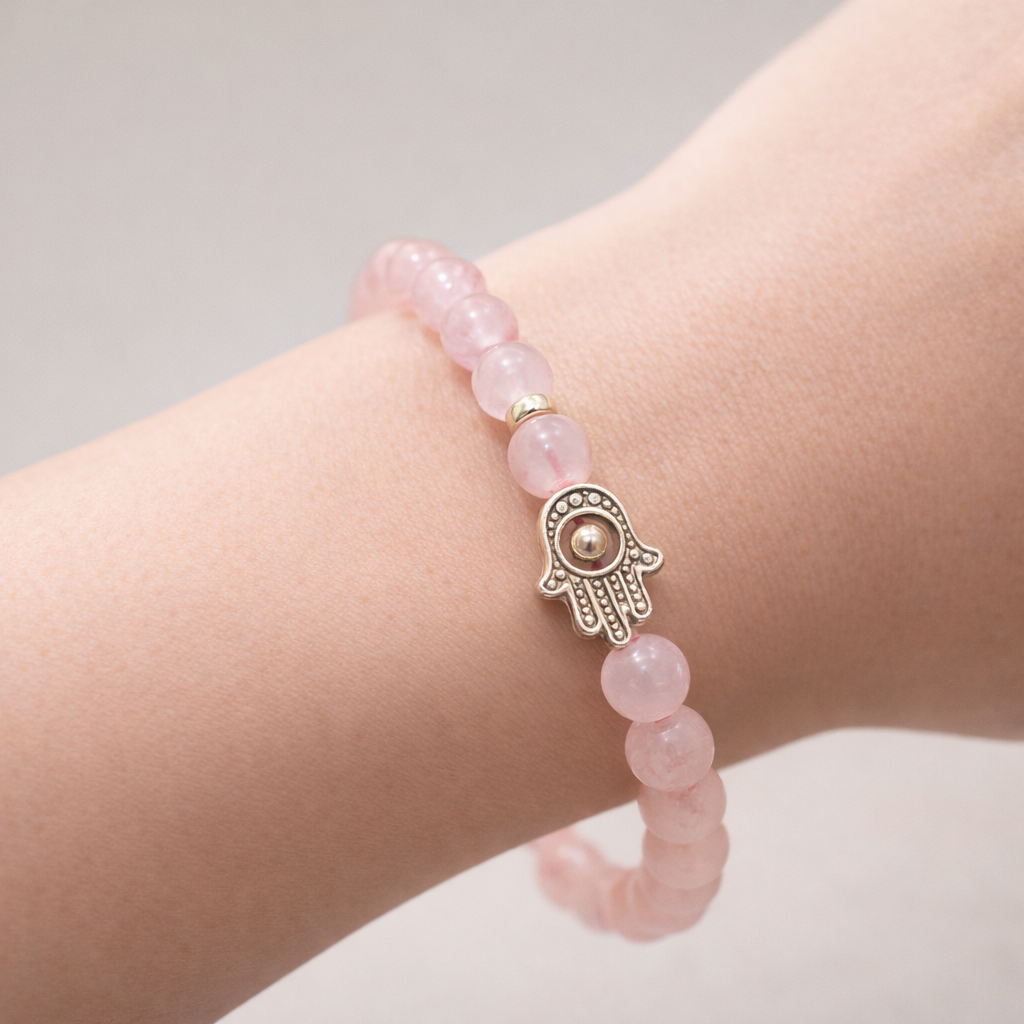Rose Quartz Bead Bracelet with Hamsa Hand Charm - .