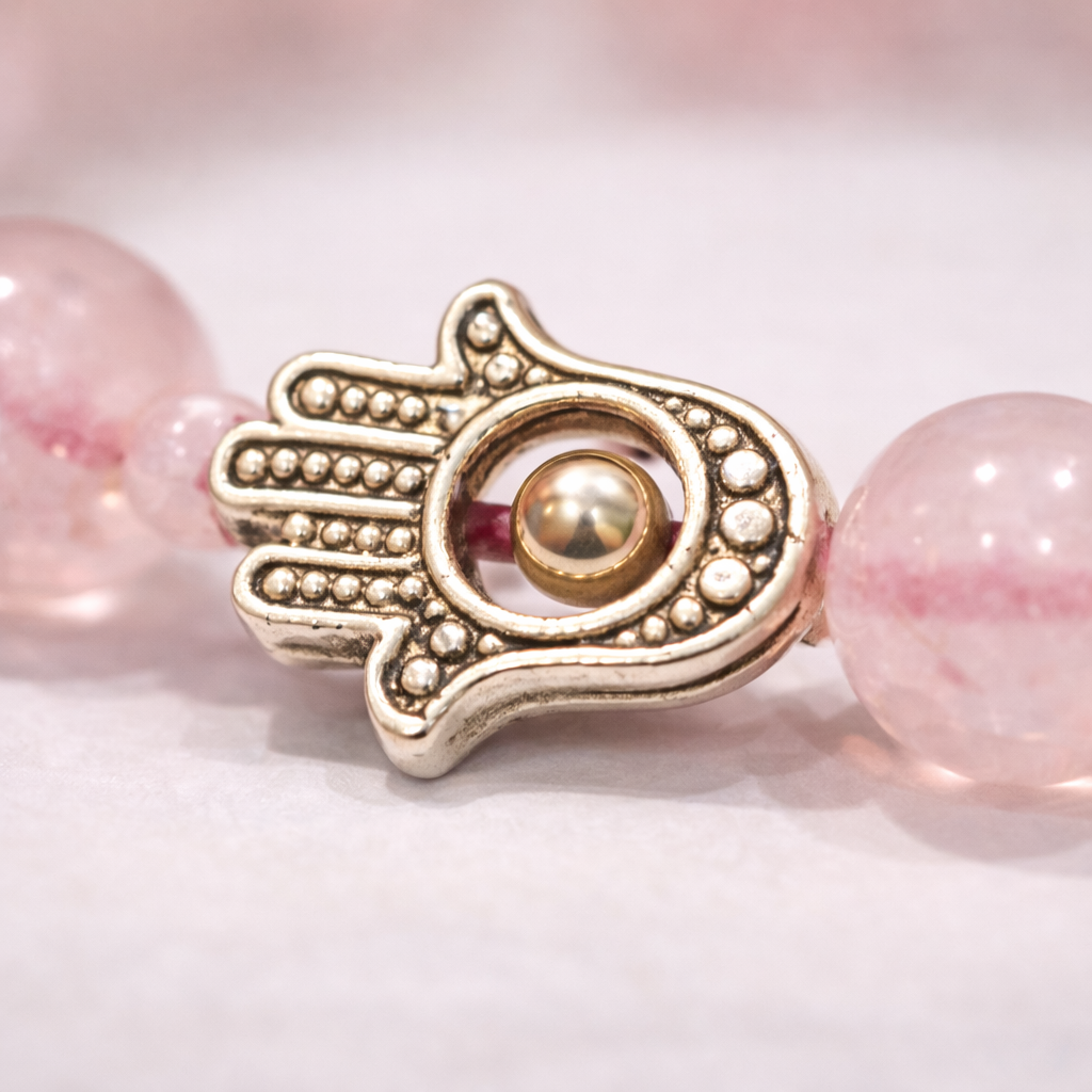 Rose Quartz Bead Bracelet with Hamsa Hand Charm - .