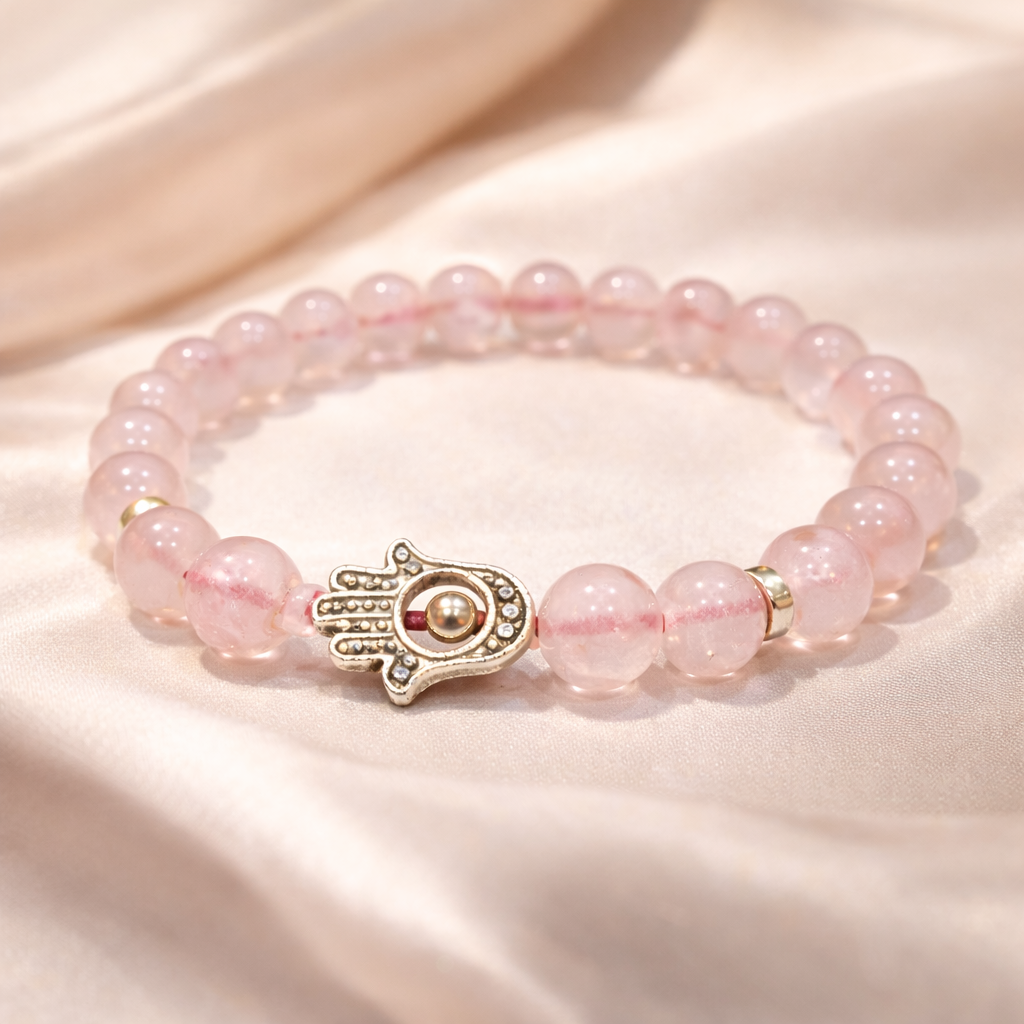 Rose Quartz Bead Bracelet with Hamsa Hand Charm - .