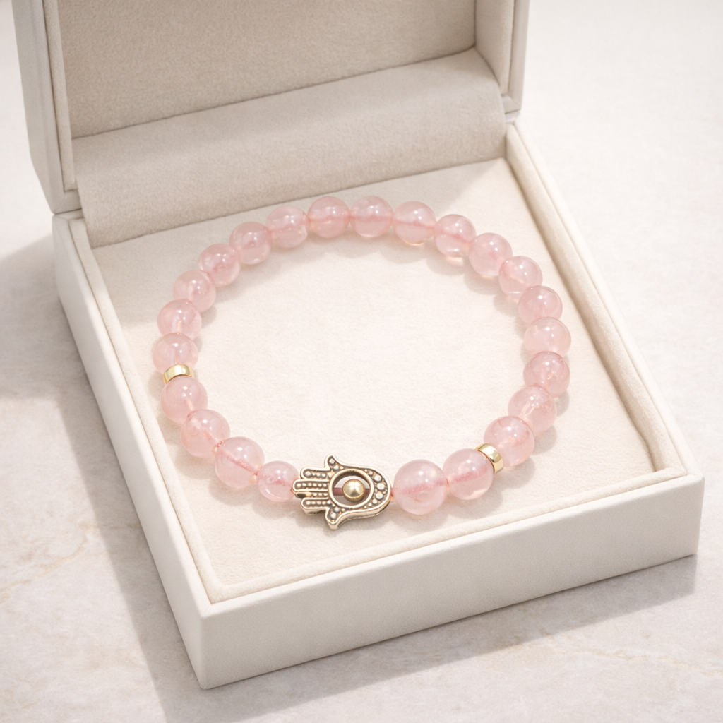 Rose Quartz Bead Bracelet with Hamsa Hand Charm - .