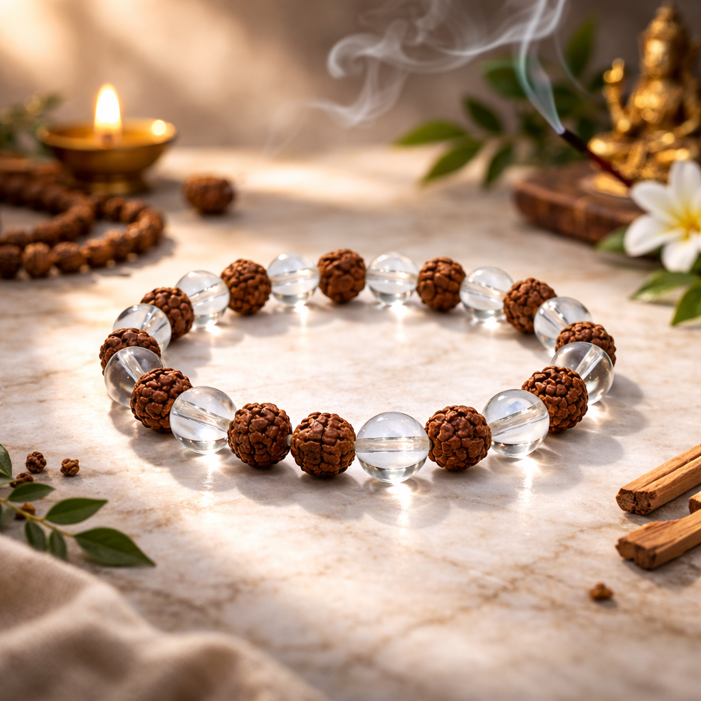 Rudraksha & Clear Quartz Bead Bracelet - .