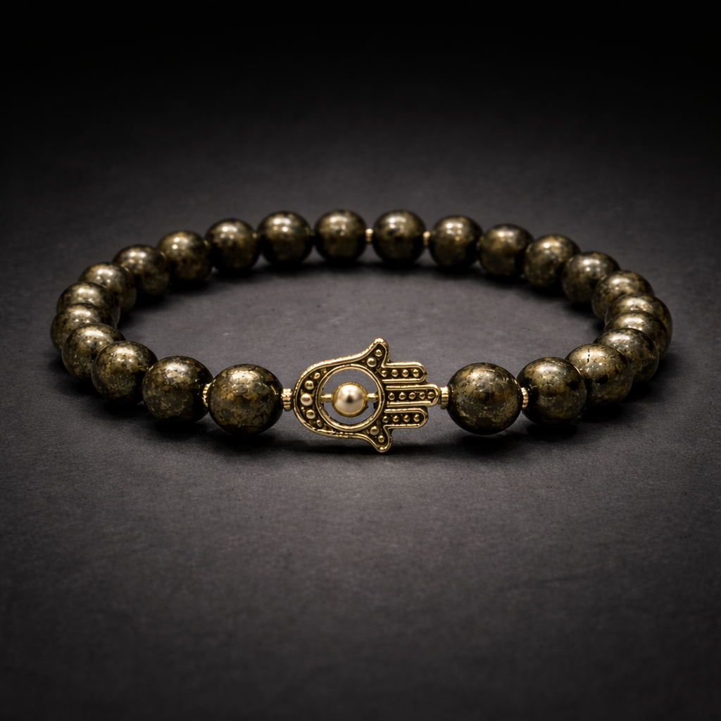 Pyrite Bead Bracelet with Hamsa Hand Charm - .
