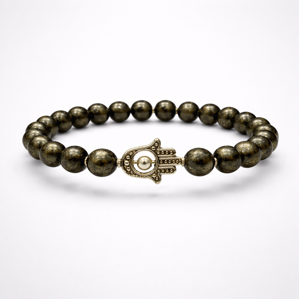 Pyrite Bead Bracelet with Hamsa Hand Charm - .