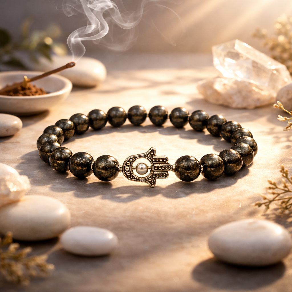 Pyrite Bead Bracelet with Hamsa Hand Charm - .