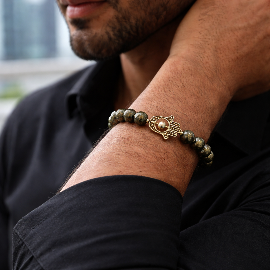 Pyrite Bead Bracelet with Hamsa Hand Charm - .