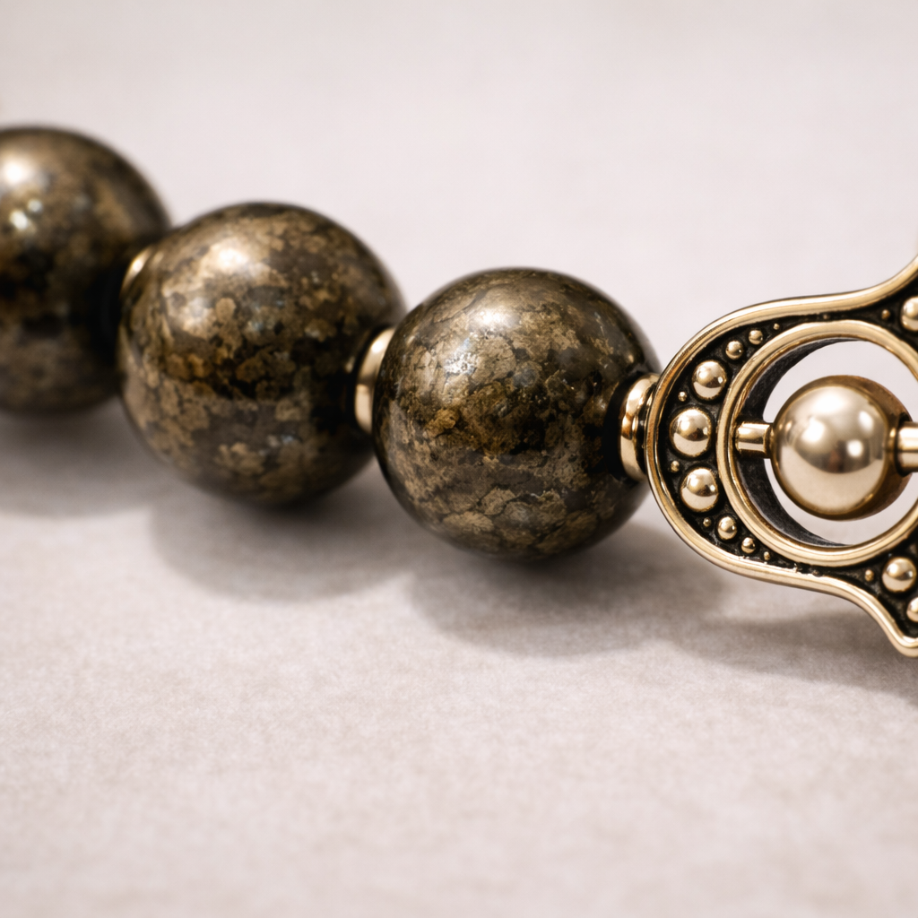 Pyrite Bead Bracelet with Hamsa Hand Charm - .