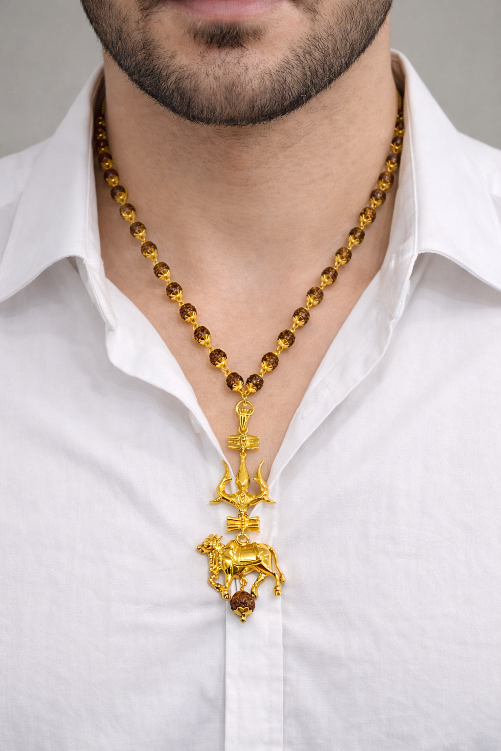 Rudraksha Mala with Trishul, Damru & Nandi Pendant