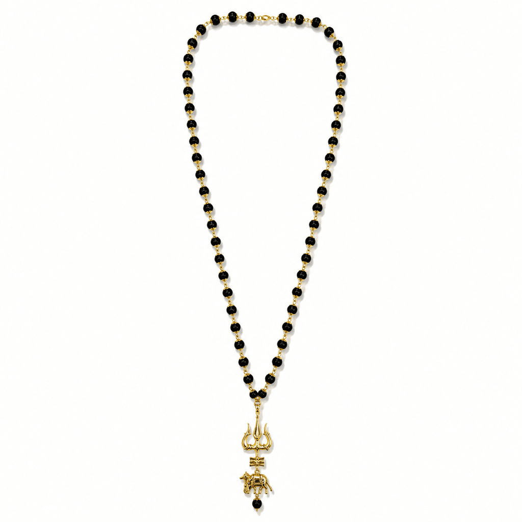 Gold Beaded Trishul & Nandi Pendant Necklace - Karma & Peace