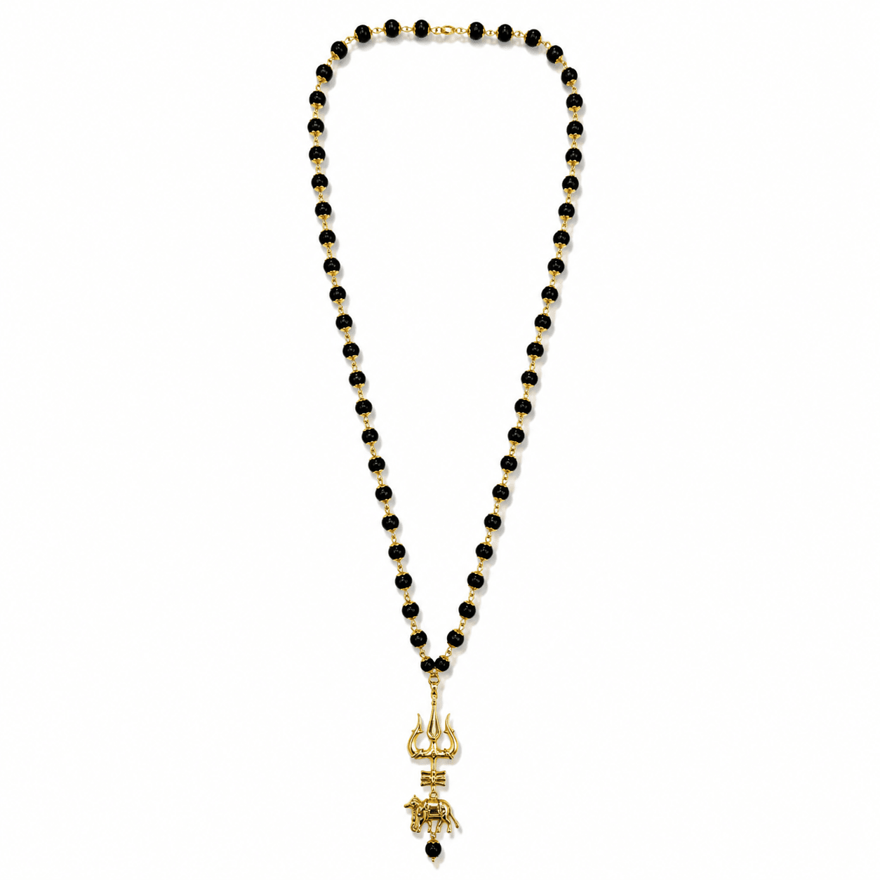 Gold Beaded Trishul & Nandi Pendant Necklace - Karma & Peace
