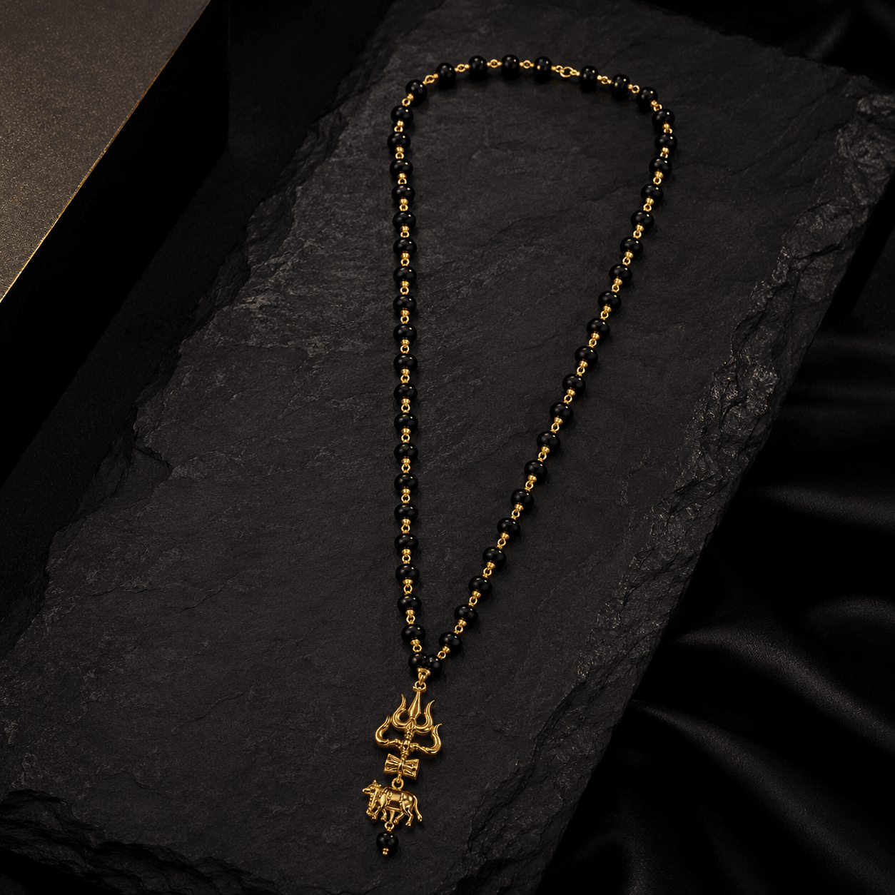 Gold Beaded Trishul & Nandi Pendant Necklace - Karma & Peace