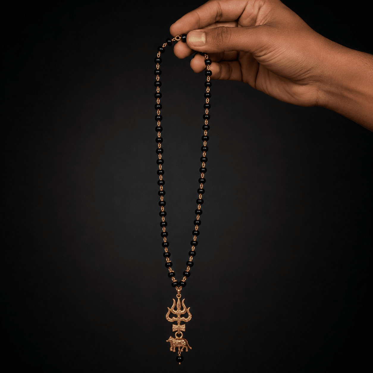 Gold Beaded Trishul & Nandi Pendant Necklace - Karma & Peace