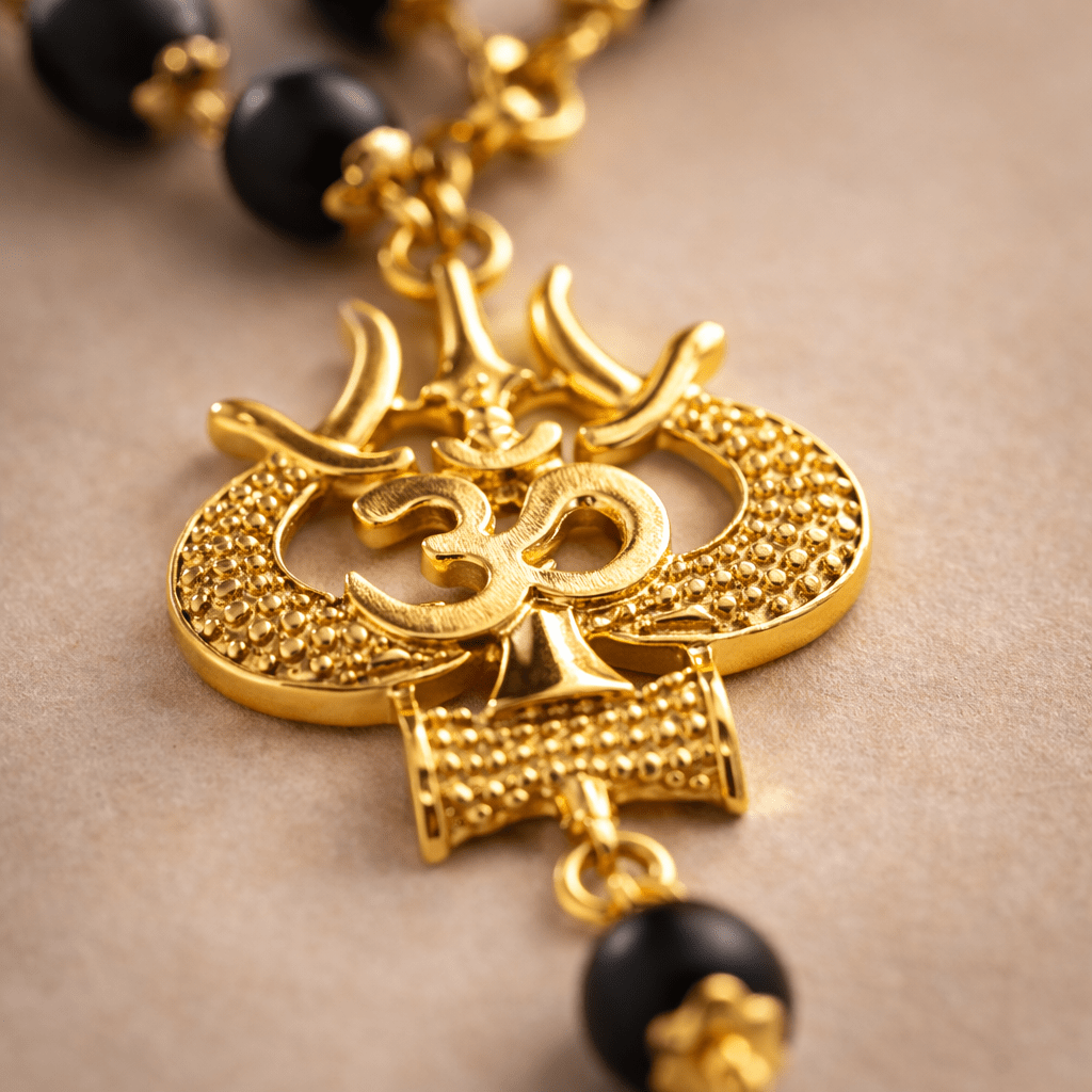 Karungali mala with Trishul, Om & Damru Pendant - Karma & Peace