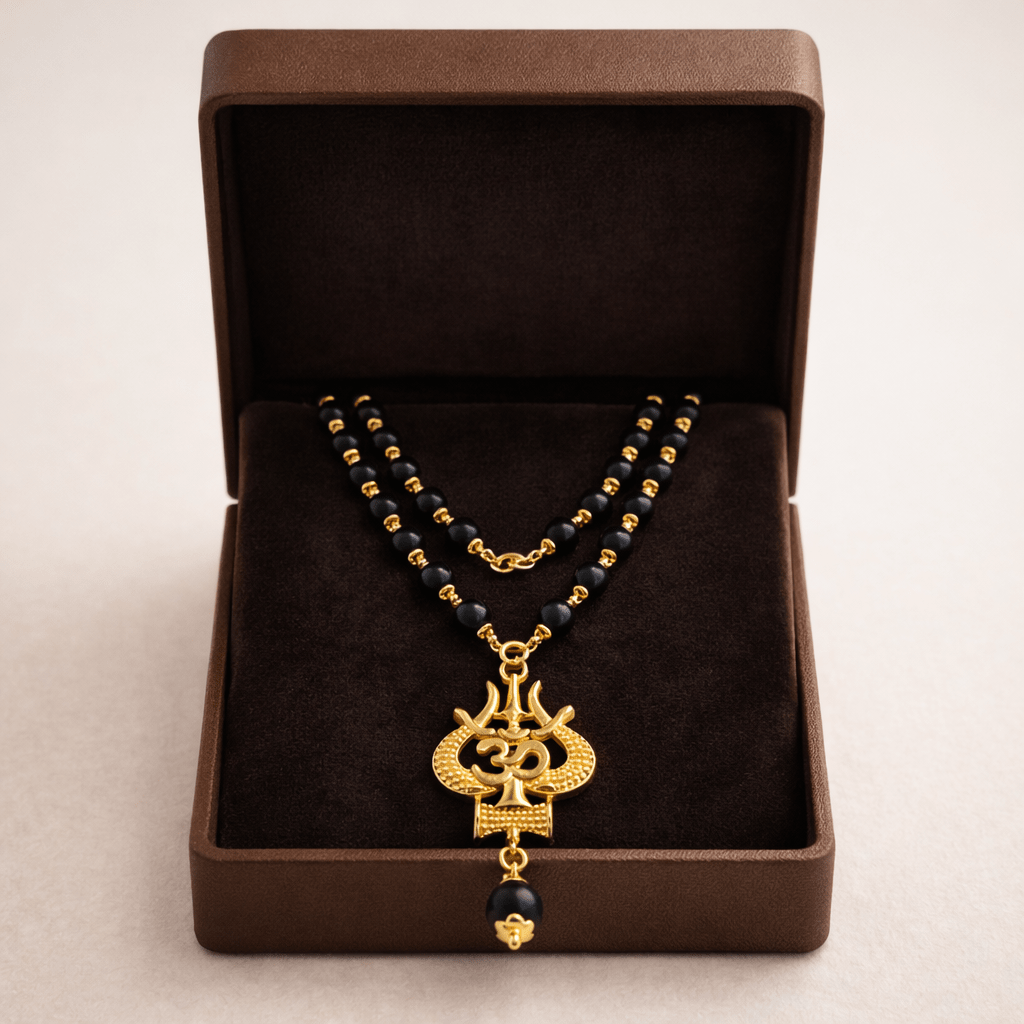 Karungali mala with Trishul, Om & Damru Pendant - Karma & Peace