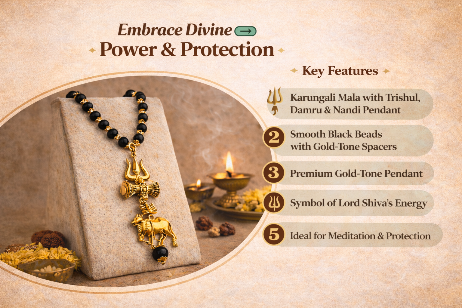 Karungali Mala with Trishul, Damru, and Nandi