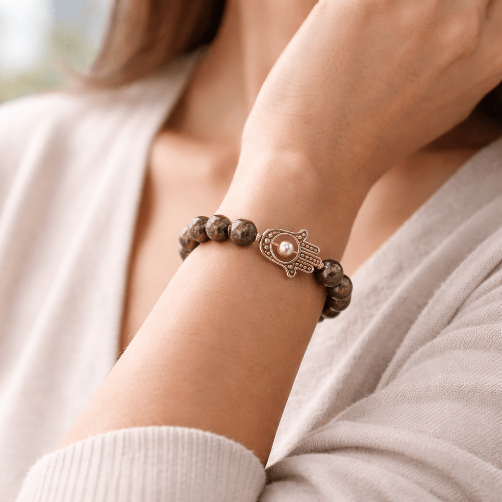 Pyrite Bead Bracelet with Hamsa Hand Charm - Karma & Peace