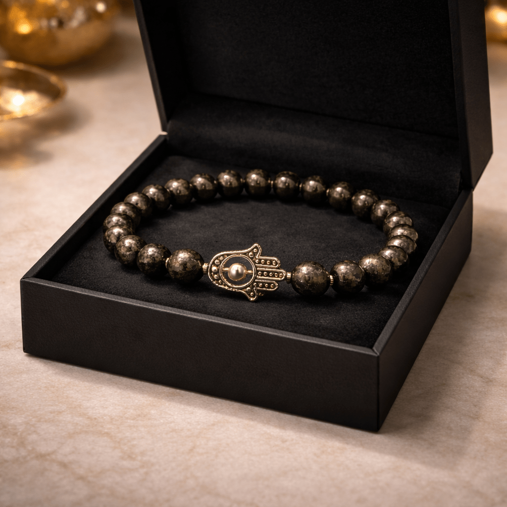 Pyrite Bead Bracelet with Hamsa Hand Charm - Karma & Peace
