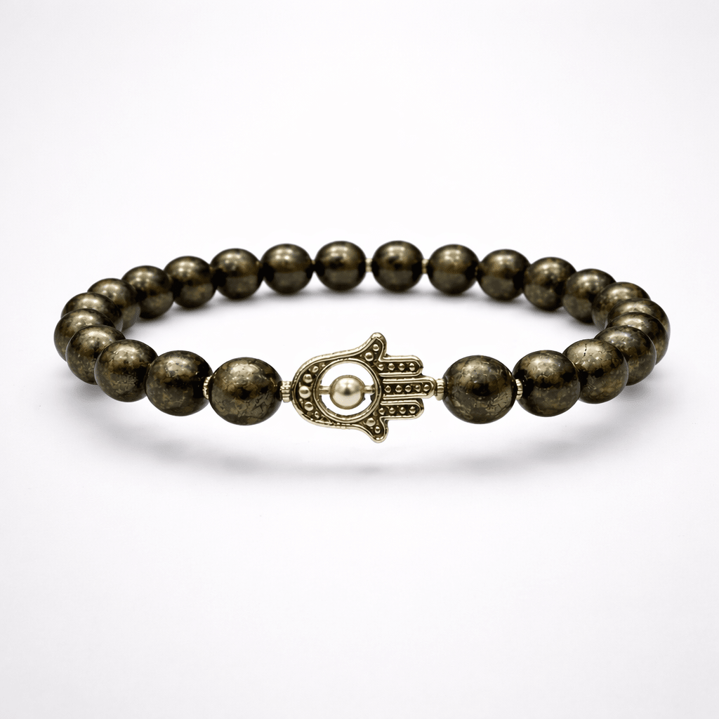 Pyrite Bead Bracelet with Hamsa Hand Charm - Karma & Peace