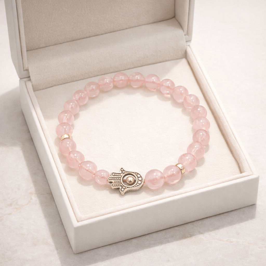 Rose Quartz Bead Bracelet with Hamsa Hand Charm - Karma & Peace