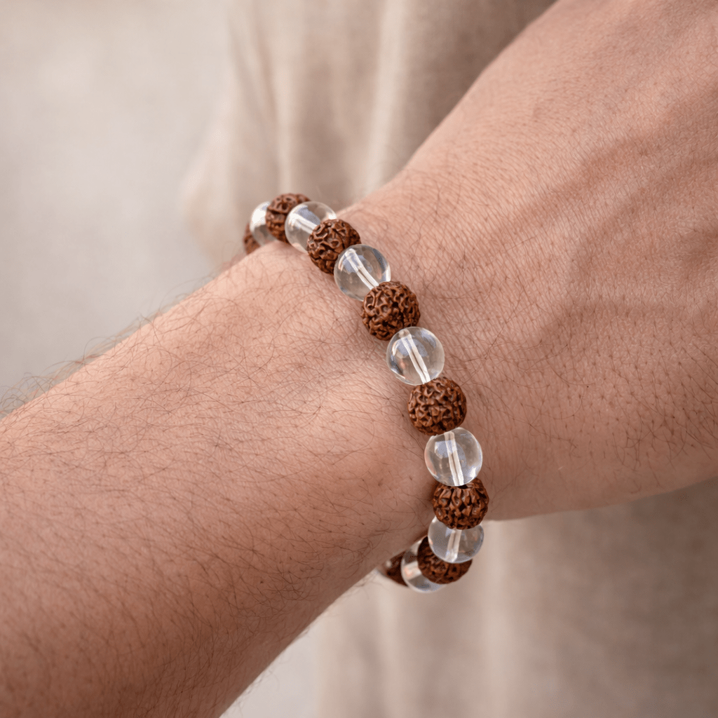 Rudraksha & Clear Quartz Bead Bracelet - Karma & Peace
