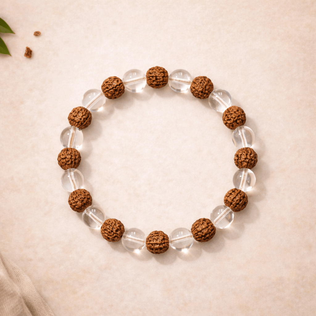 Rudraksha & Clear Quartz Bead Bracelet - Karma & Peace Main image