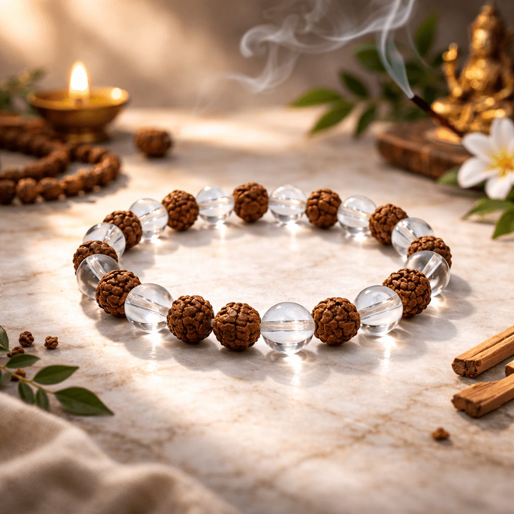 Rudraksha & Clear Quartz Bead Bracelet - Karma & Peace