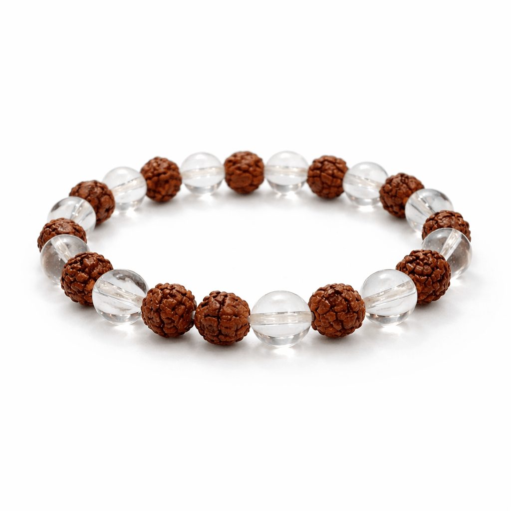 Rudraksha & Clear Quartz Bead Bracelet - Karma & Peace
