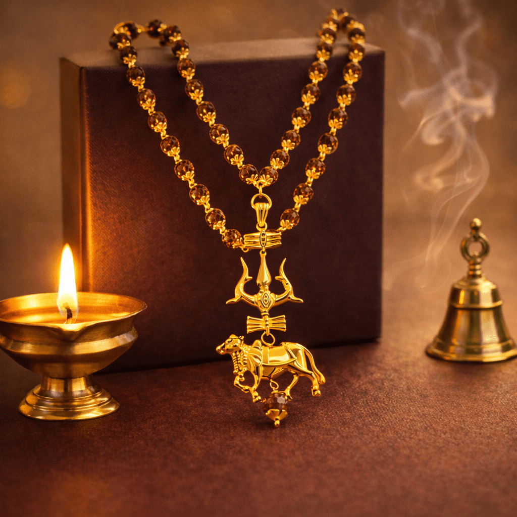 Rudraksha Mala with Trishul, Damru & Nandi Pendant - Karma & Peace