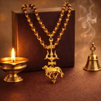 Rudraksha Mala with Trishul, Damru & Nandi Pendant - Karma & Peace