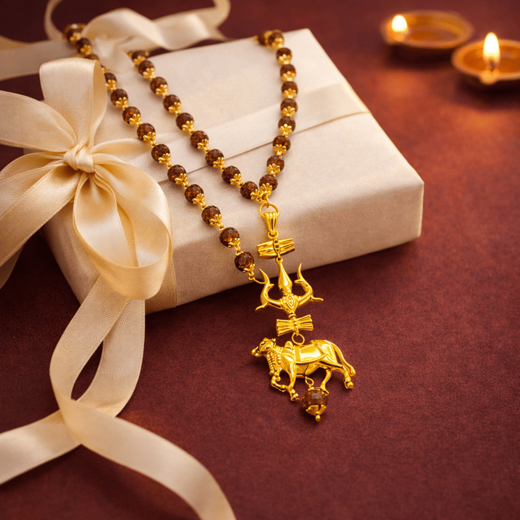Rudraksha Mala with Trishul, Damru & Nandi Pendant - Karma & Peace