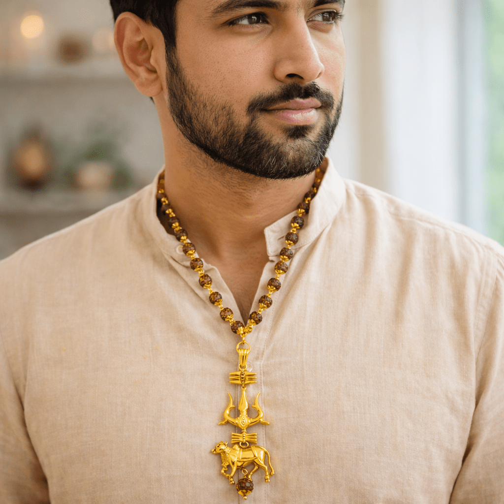 Rudraksha Mala with Trishul, Damru & Nandi Pendant - Karma & Peace